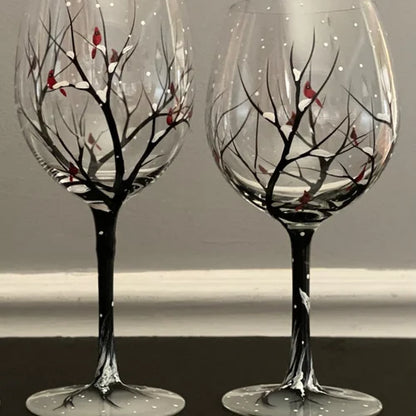 Verre à vin à pied peint à la main, motif arbre de l'hiver