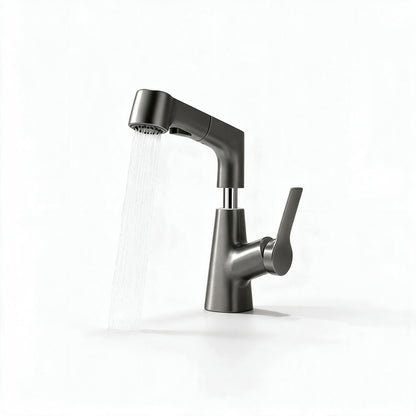 Détail de la finition gris métal brossé du corps du robinet