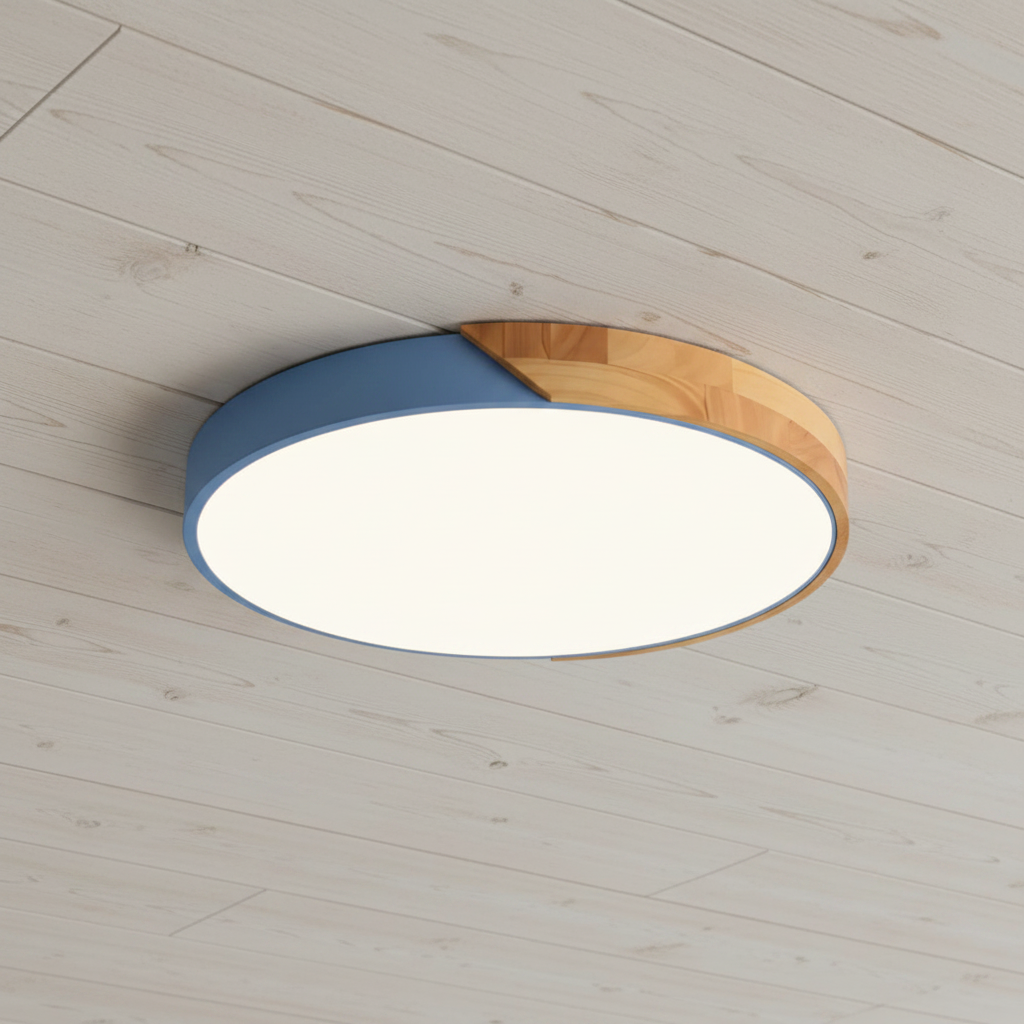 Plafonnier Nordik bleu sur un plafond en bois