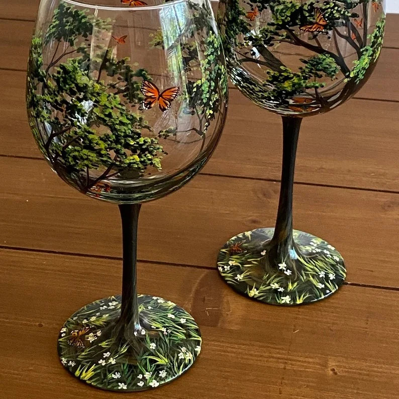 Verre à vin à pied peint à la main, motif arbre du printemps