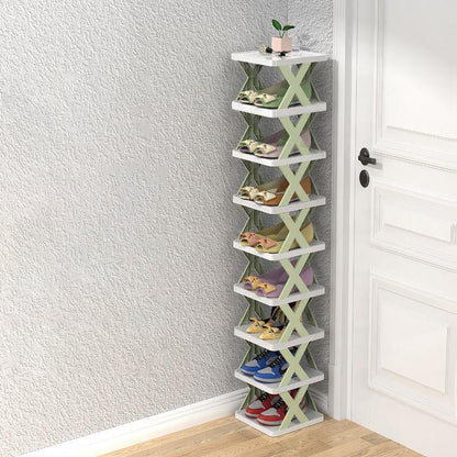 Étagère à chaussures verticale installée dans un angle d'entrée