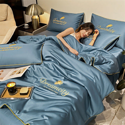 Parure de lit d'été rafraîchissante coloris bleu avec couette drap et taies d'oreiller