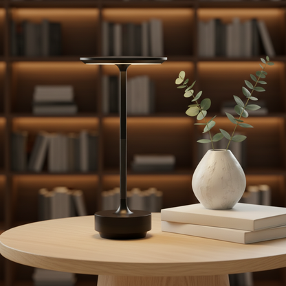 Lampe tactile Aurore noire devant une bibliothèque