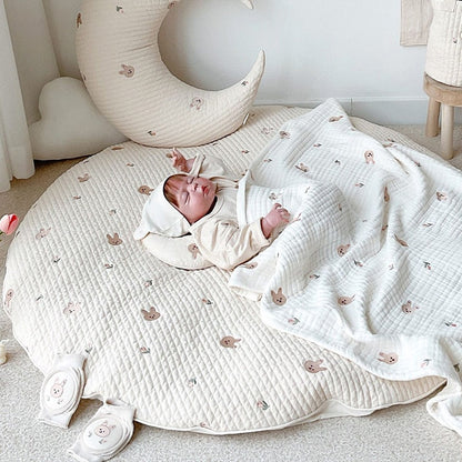Tapis de jeu rond en coton vert olive brodé