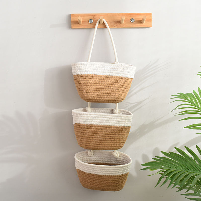 Panier de rangement mural en coton kaki et blanc à trois compartiments
