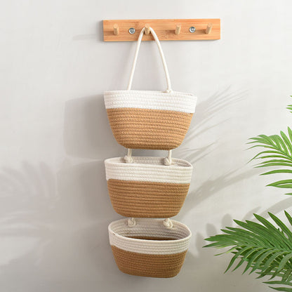 Panier de rangement mural en coton kaki et blanc à trois compartiments