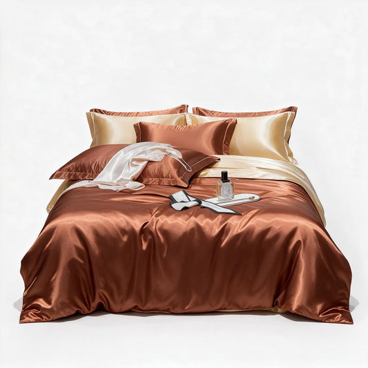 Parure de lit en pure soie marron sur un lit double.