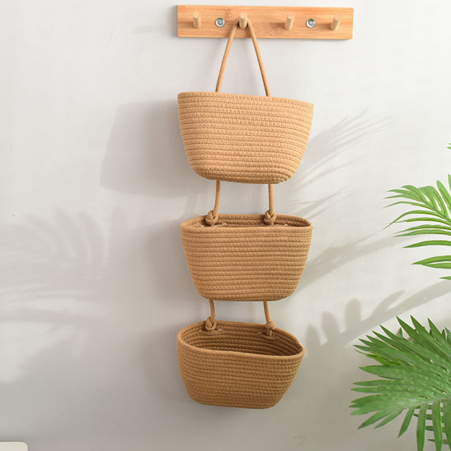 Panier de rangement mural en coton kaki foncé à trois compartiments