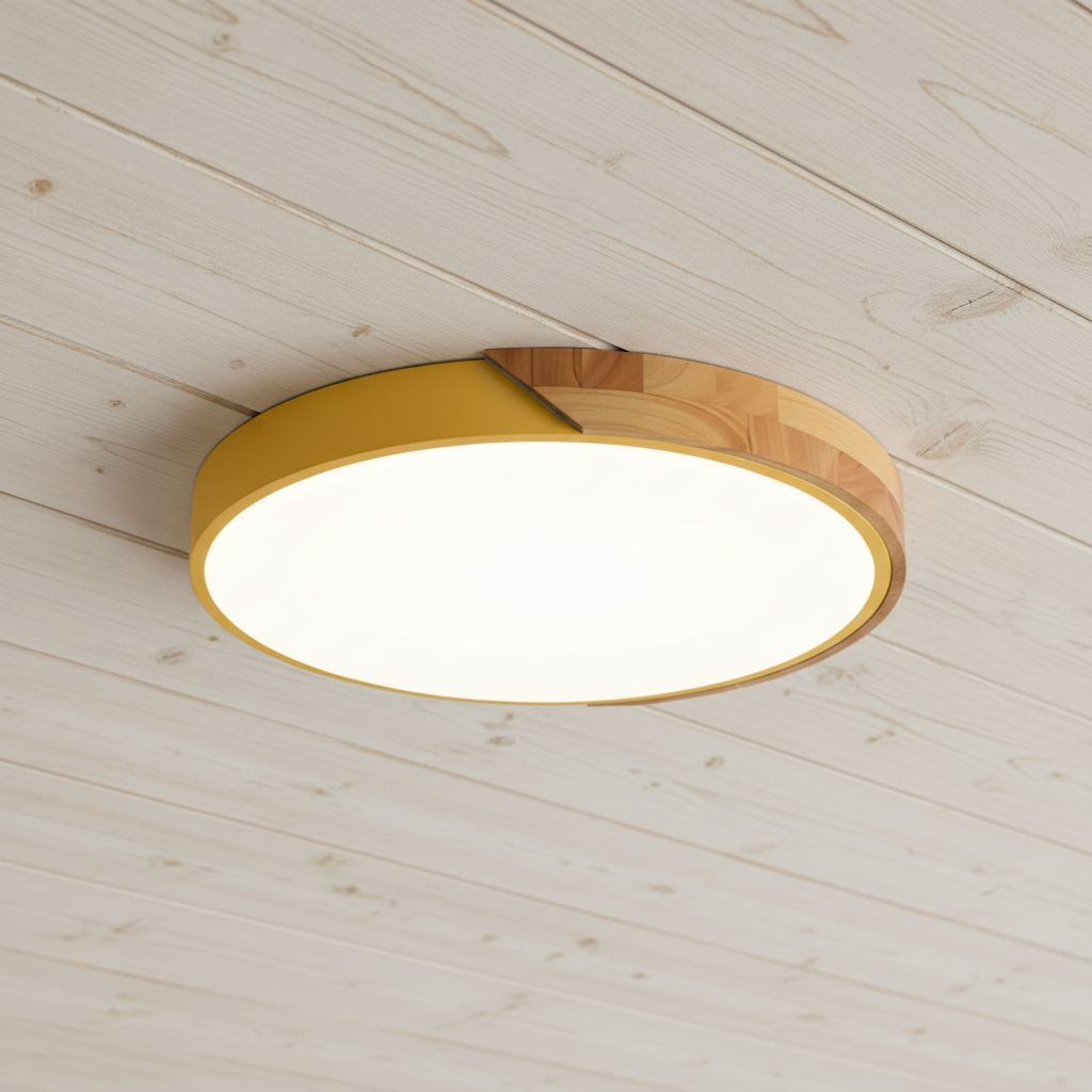 Plafonnier Nordik jaune sur un plafond en bois