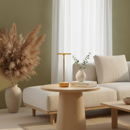 Lampe tactile Aurore dorée dans un intérieur japandi