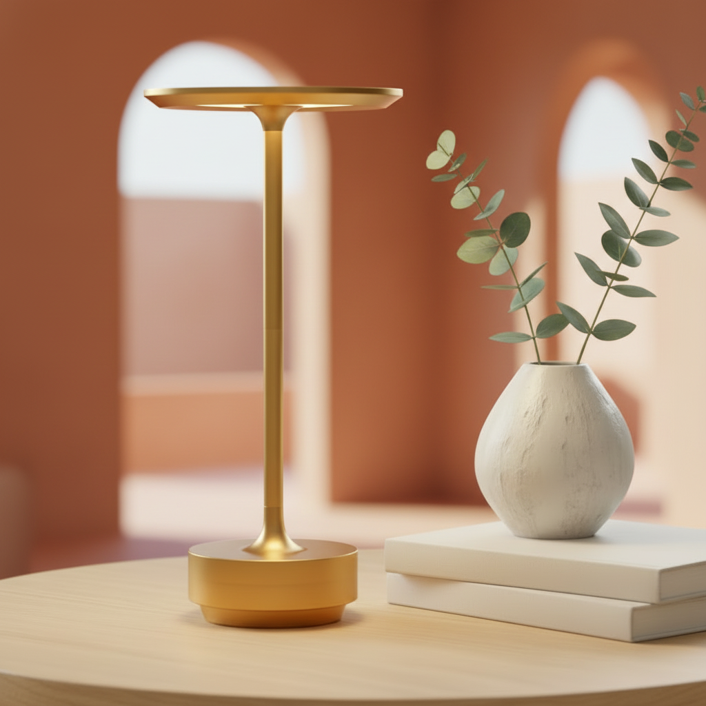Lampe tactile Aurore dorée dans un intérieur méditerranéen