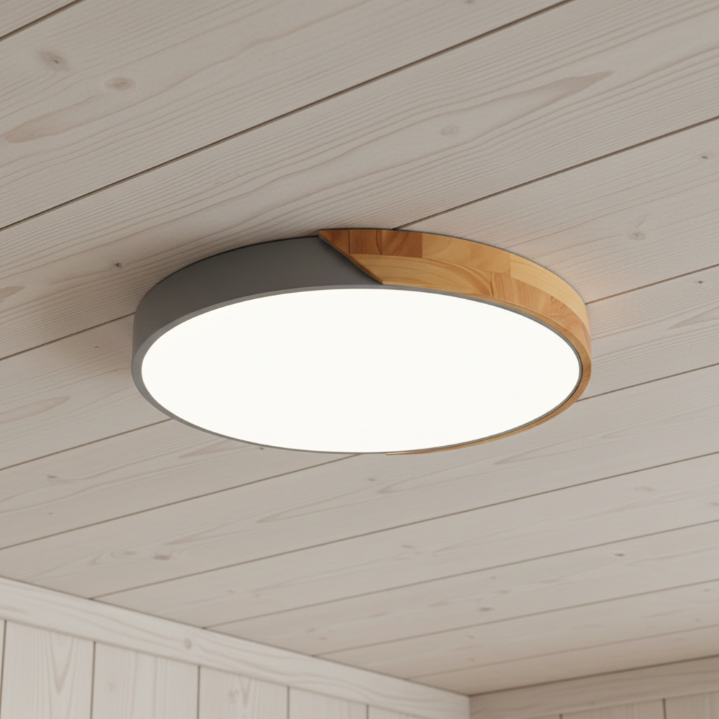Plafonnier Nordik gris sur un plafond en bois