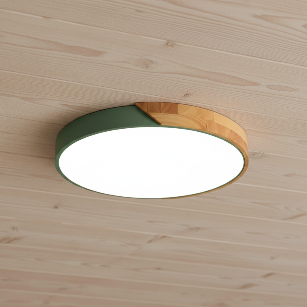 Plafonnier Nordik vert sur un plafond en bois