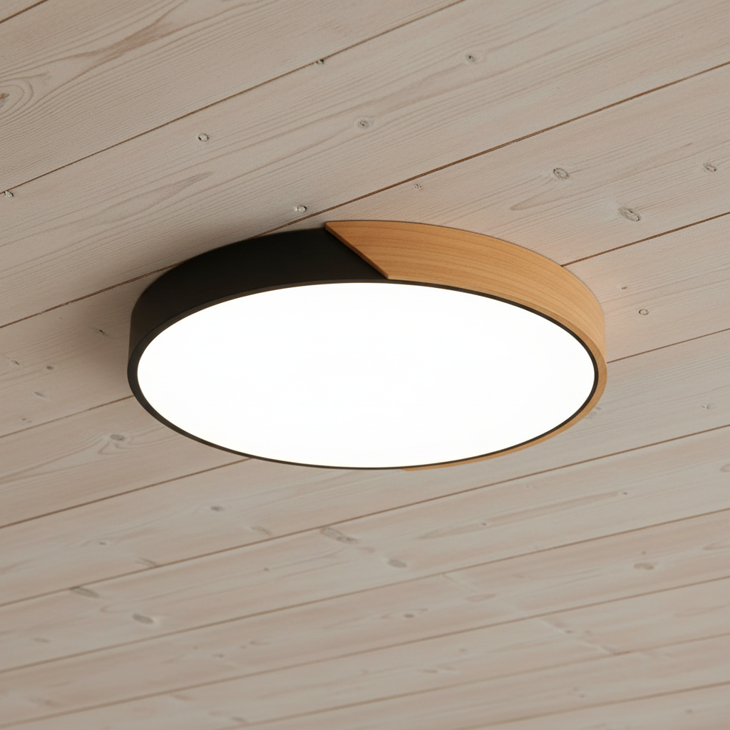 Plafonnier Nordik noir sur un plafond en bois