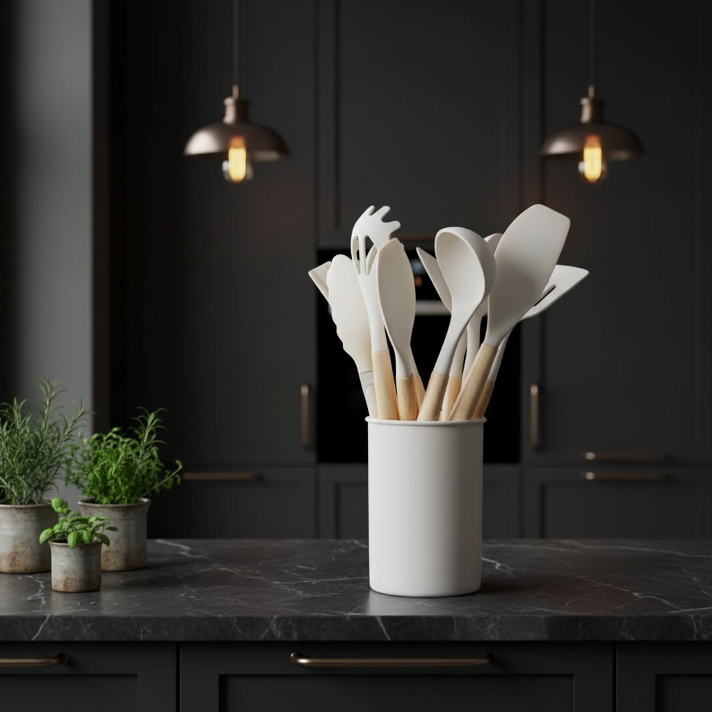 Set d'ustensiles L'Atelier dans une cuisine scandinave sombre