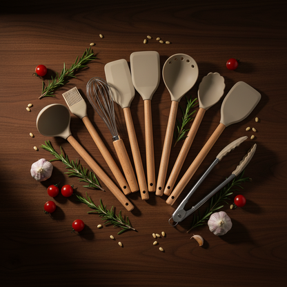 Set d'ustensiles en silicone L'Atelier sur bois foncé