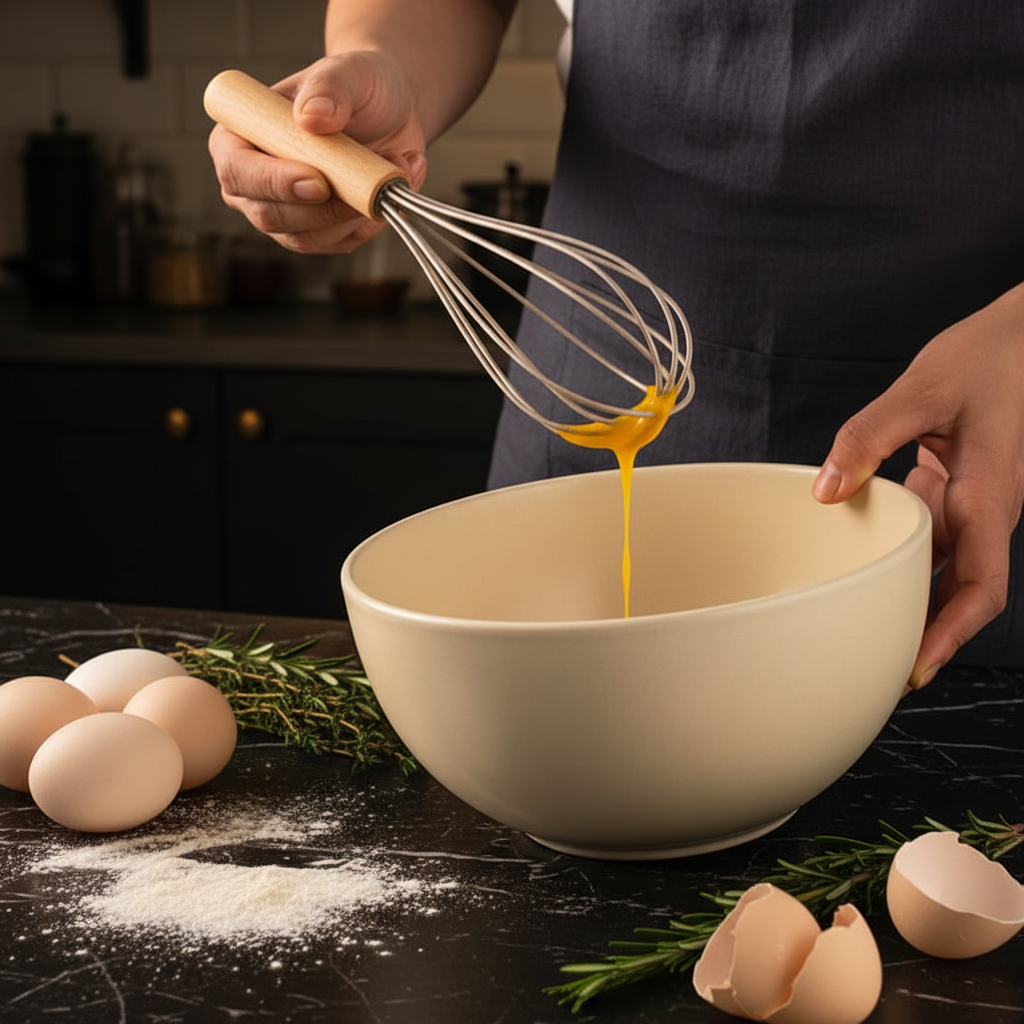 Fouet en silicone L'Atelier avec un bol crème