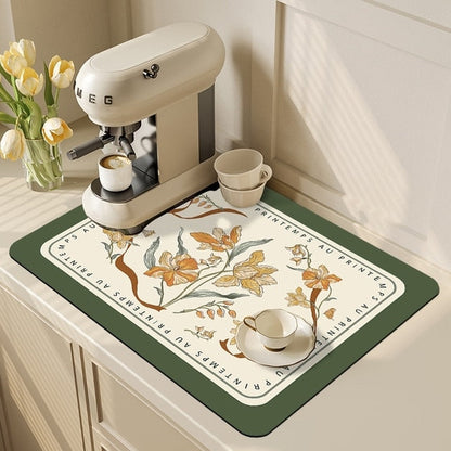 Tapis égouttoir de cuisine avec motif floral coloré, vue d'ensemble