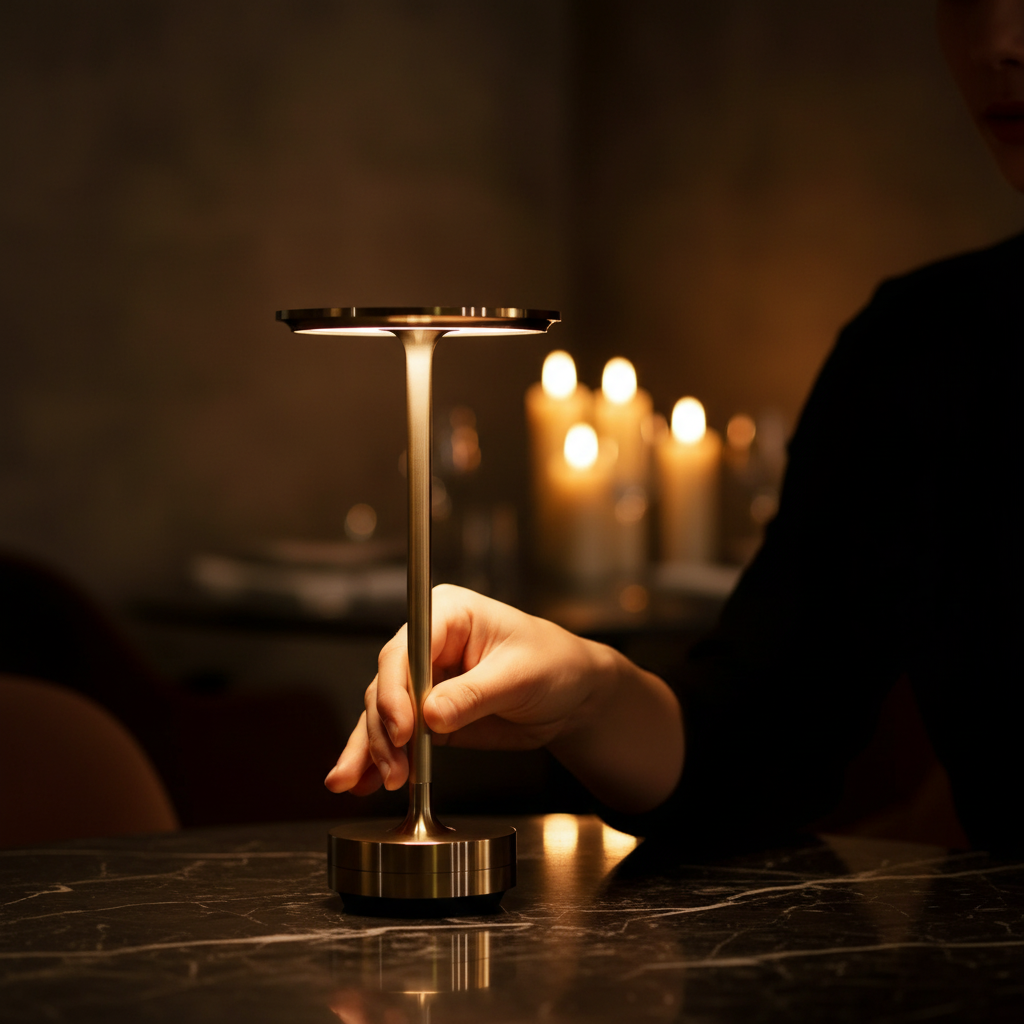 Réglage tactile de la lampe Aurore sur une table de restaurant
