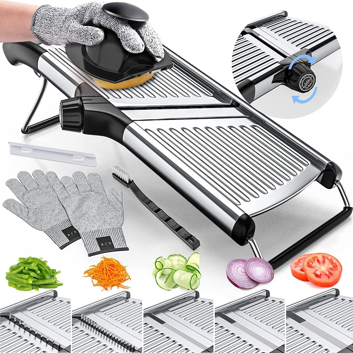Mandoline de cuisine posée sur un plan de travail, base antidérapante
