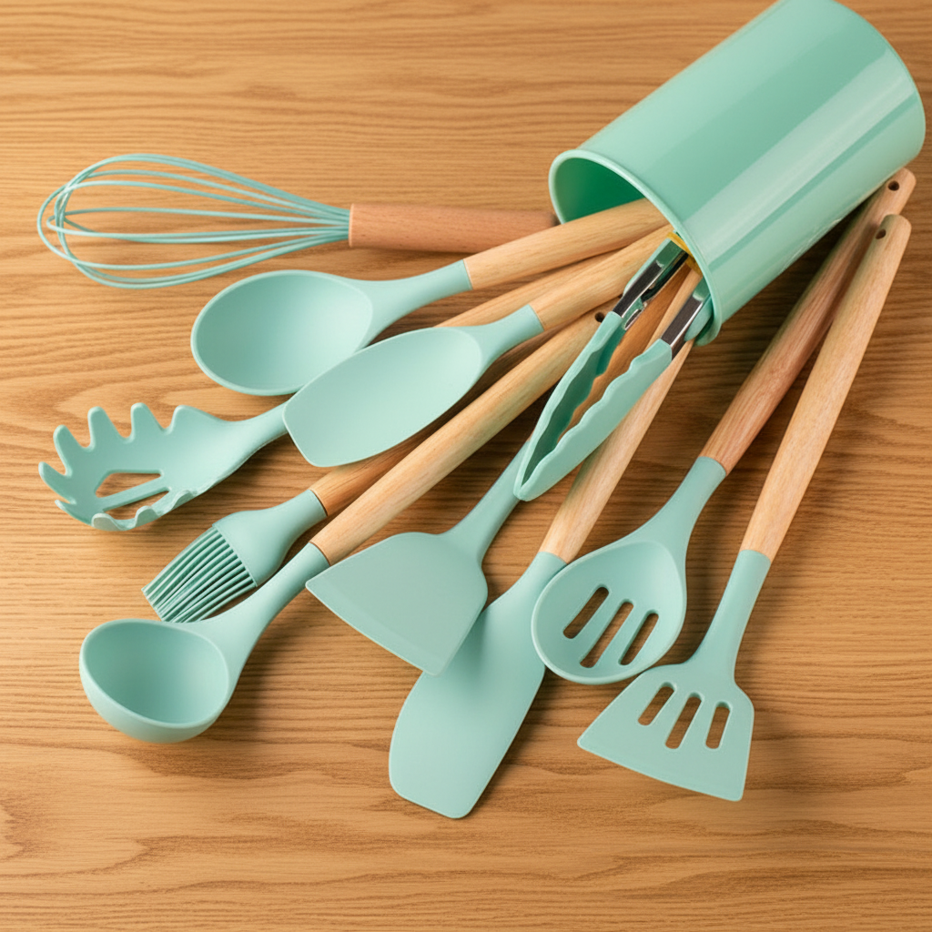 Set d'ustensiles en silicone L'Atelier, coloris vert menthe