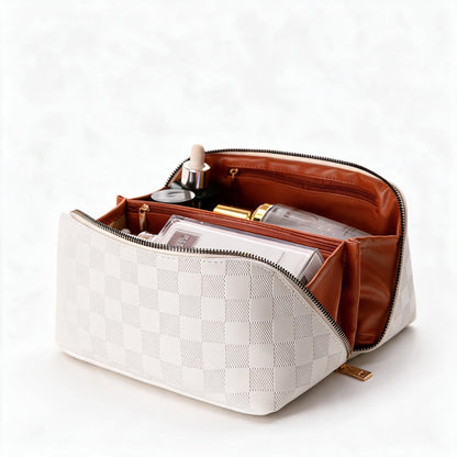 Trousse de maquillage en simili cuir crème à motif à carreaux, avec poignée de transport