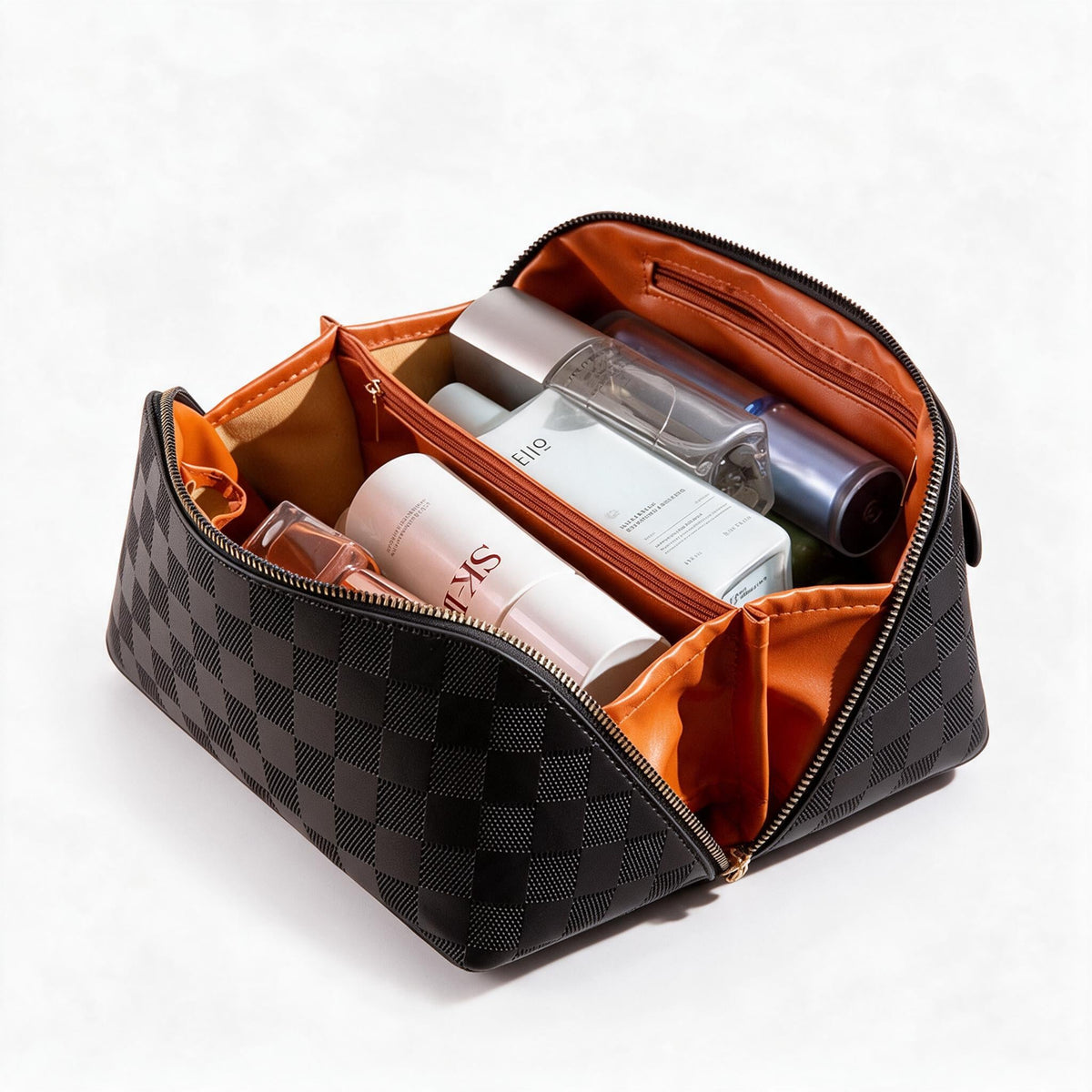 Trousse de maquillage en simili cuir fermée, poignée de transport sur le dessus