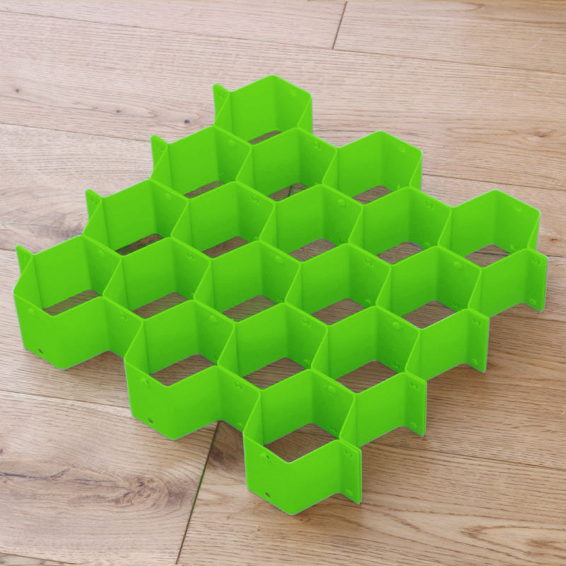 Séparateur de tiroir alvéolé vert, casiers hexagonaux assemblés