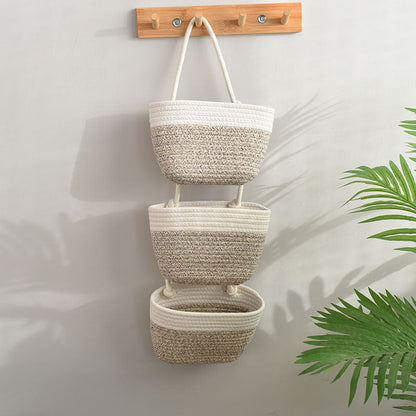 Panier de rangement mural en coton gris et blanc à trois compartiments